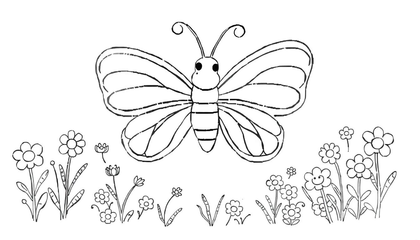 Página para colorir de uma borboleta com asas abertas num campo de flores sorridentes e plantas.