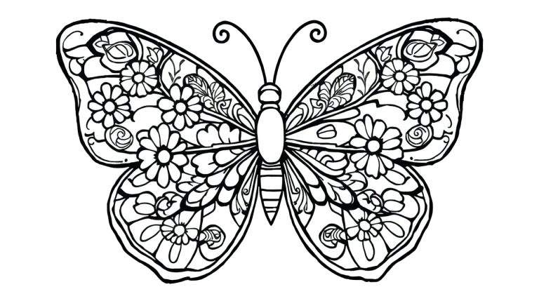 Página para colorir de uma borboleta com asas cheias de desenhos florais e mandalas detalhados, em preto e branco.