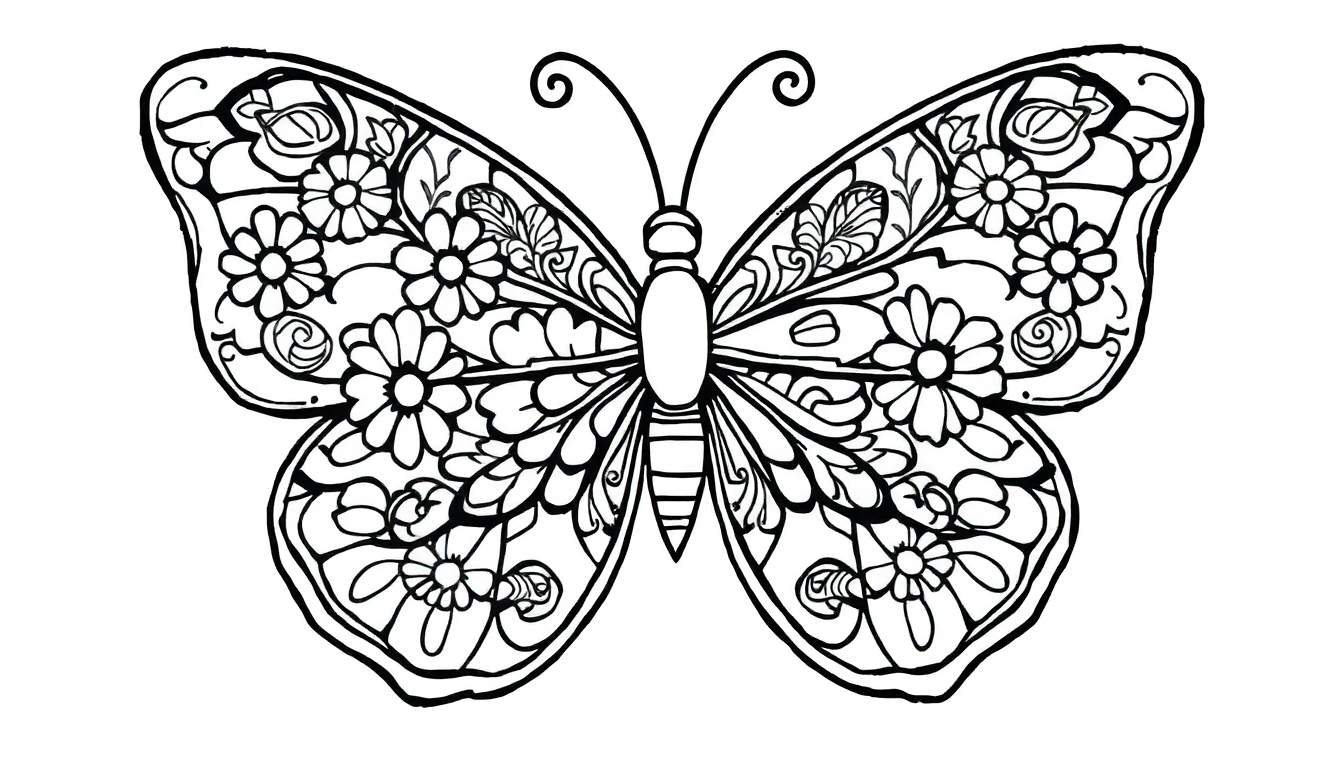 Página para colorir de uma borboleta com asas cheias de desenhos florais e mandalas detalhados, em preto e branco.