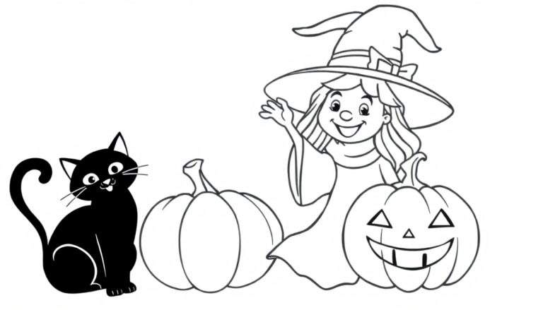 Página para colorir de uma bruxa sorridente com um chapéu pontudo e vestido, em pé ao lado de uma abóbora de Halloween esculpida assustadora e uma abóbora normal. Um gato preto está sentado à esquerda.