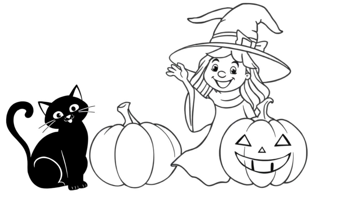 Página para colorir de uma bruxa sorridente com um chapéu pontudo e vestido, em pé ao lado de uma abóbora de Halloween esculpida assustadora e uma abóbora normal. Um gato preto está sentado à esquerda.