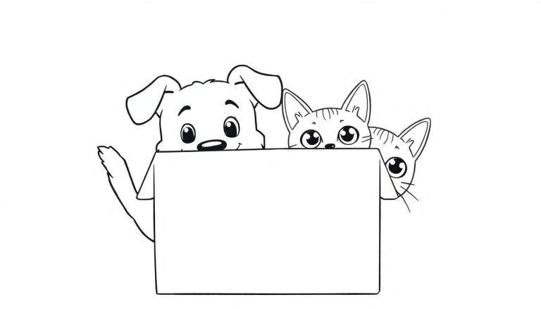 Página para colorir com um cachorro com orelha caída e pata levantada, e dois gatos com olhos grandes, ambos espreitando por cima de um painel branco.