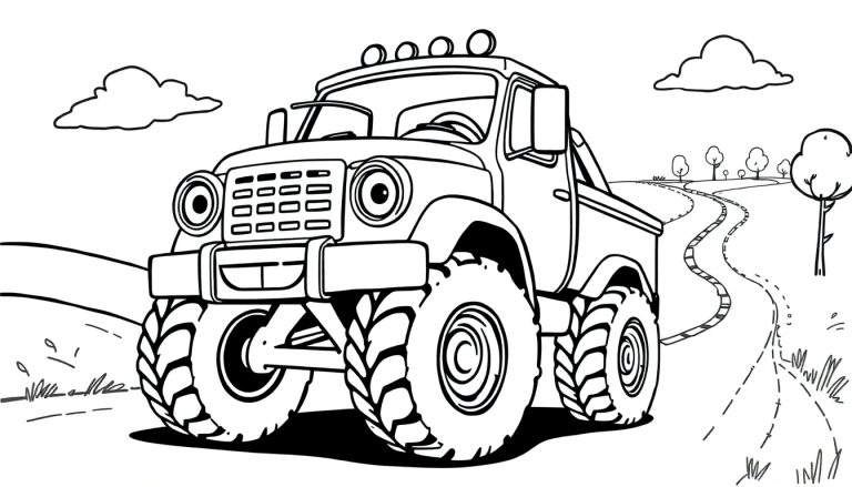 Desenho de um caminhão monstro pronto para colorir, com paisagem ao fundo.