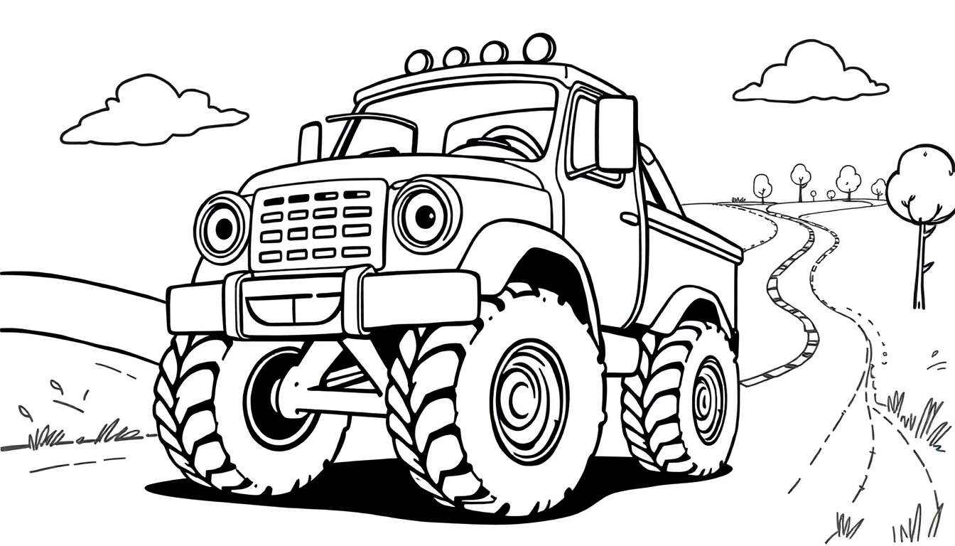 Desenho de um caminhão monstro pronto para colorir, com paisagem ao fundo.