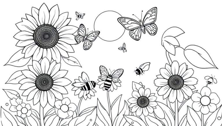 Desenho a preto e branco de um campo de girassóis e flores com borboletas e abelhas a voar e a pousar nas flores. Um círculo no fundo representa o sol ou a lua.