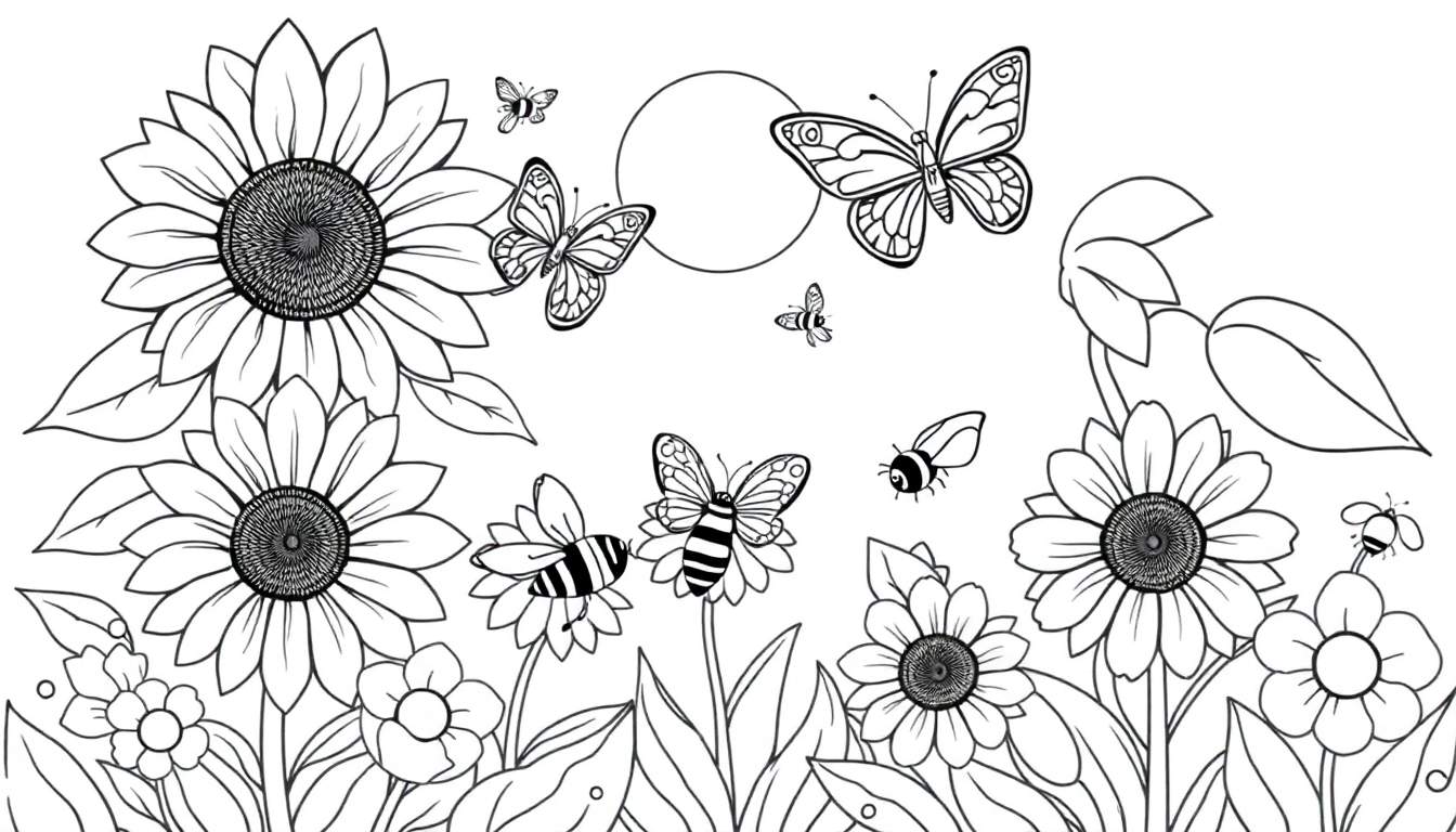 Desenho a preto e branco de um campo de girassóis e flores com borboletas e abelhas a voar e a pousar nas flores. Um círculo no fundo representa o sol ou a lua.
