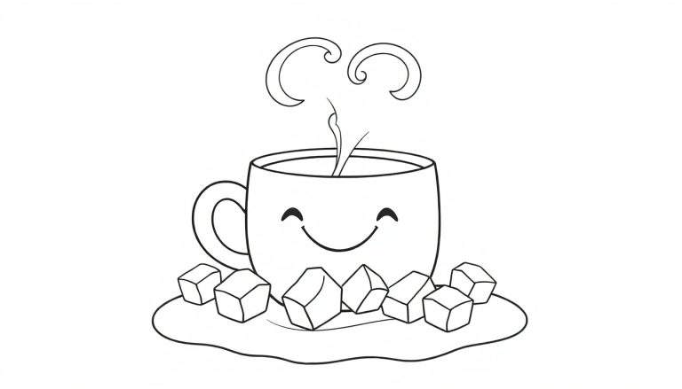 Página para colorir de uma caneca de café com uma cara feliz, rodeada de cubos de açúcar e fumo a sair.