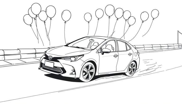 Página para colorir de um carro branco em movimento numa pista com balões coloridos a flutuar no céu.