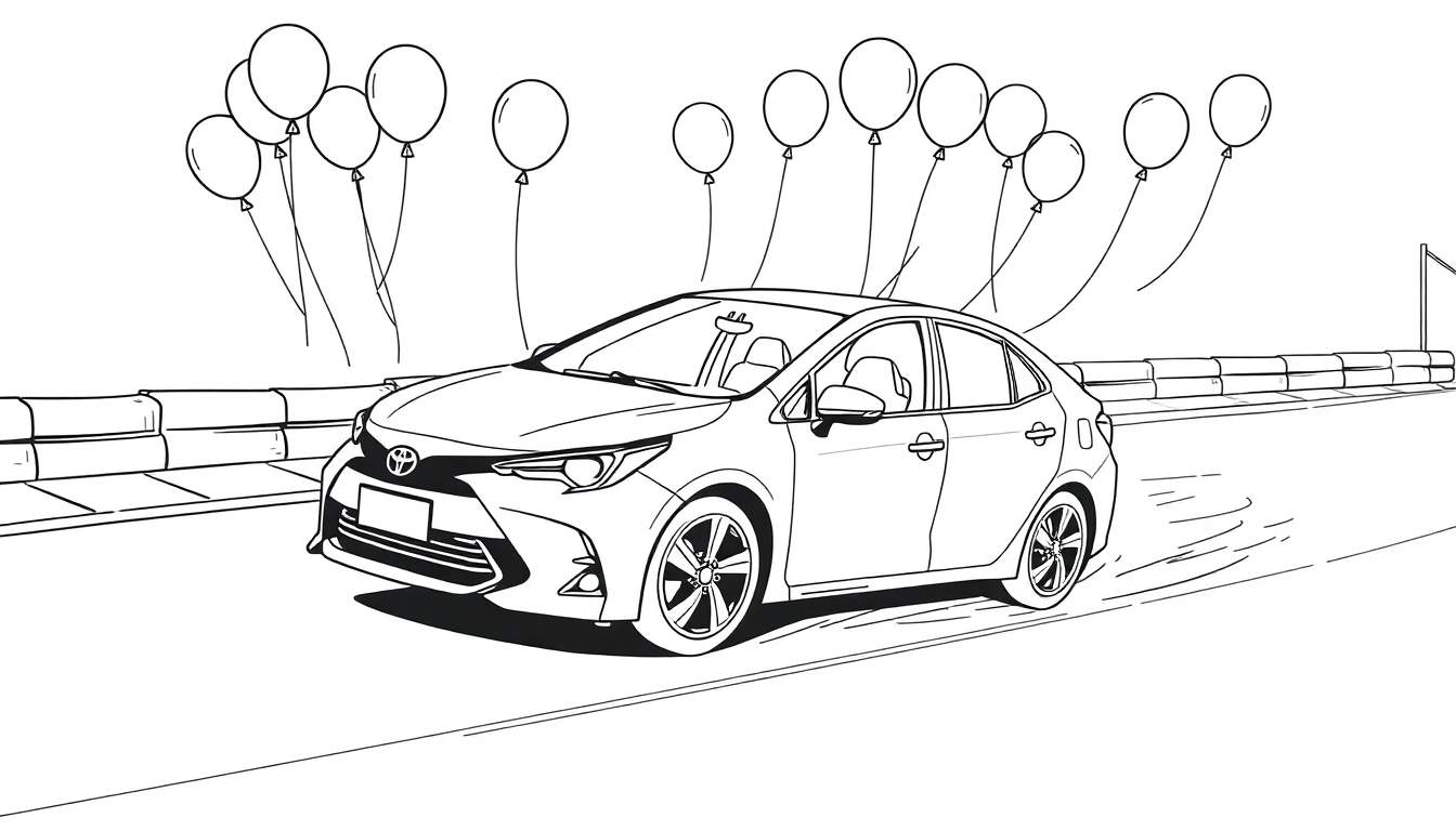 Página para colorir de um carro branco em movimento numa pista com balões coloridos a flutuar no céu.