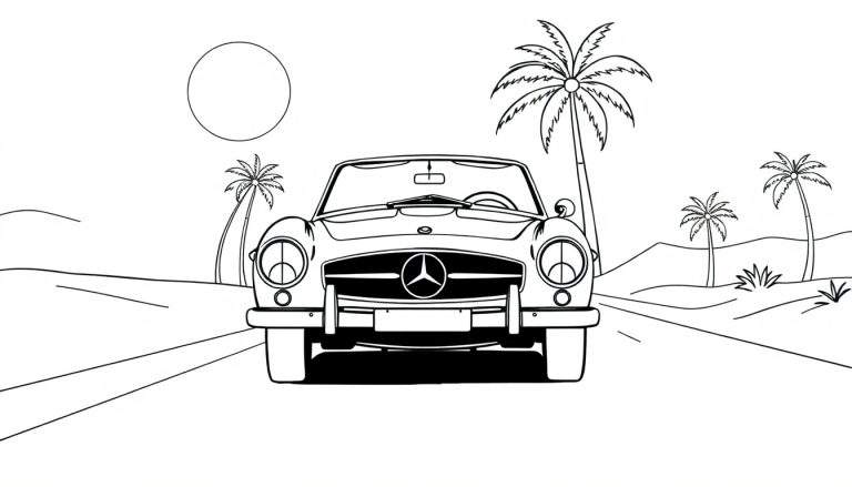 Página para colorir de um carro clássico descapotável em silhueta contra um pôr do sol em paisagem árida com palmeiras e montanhas.