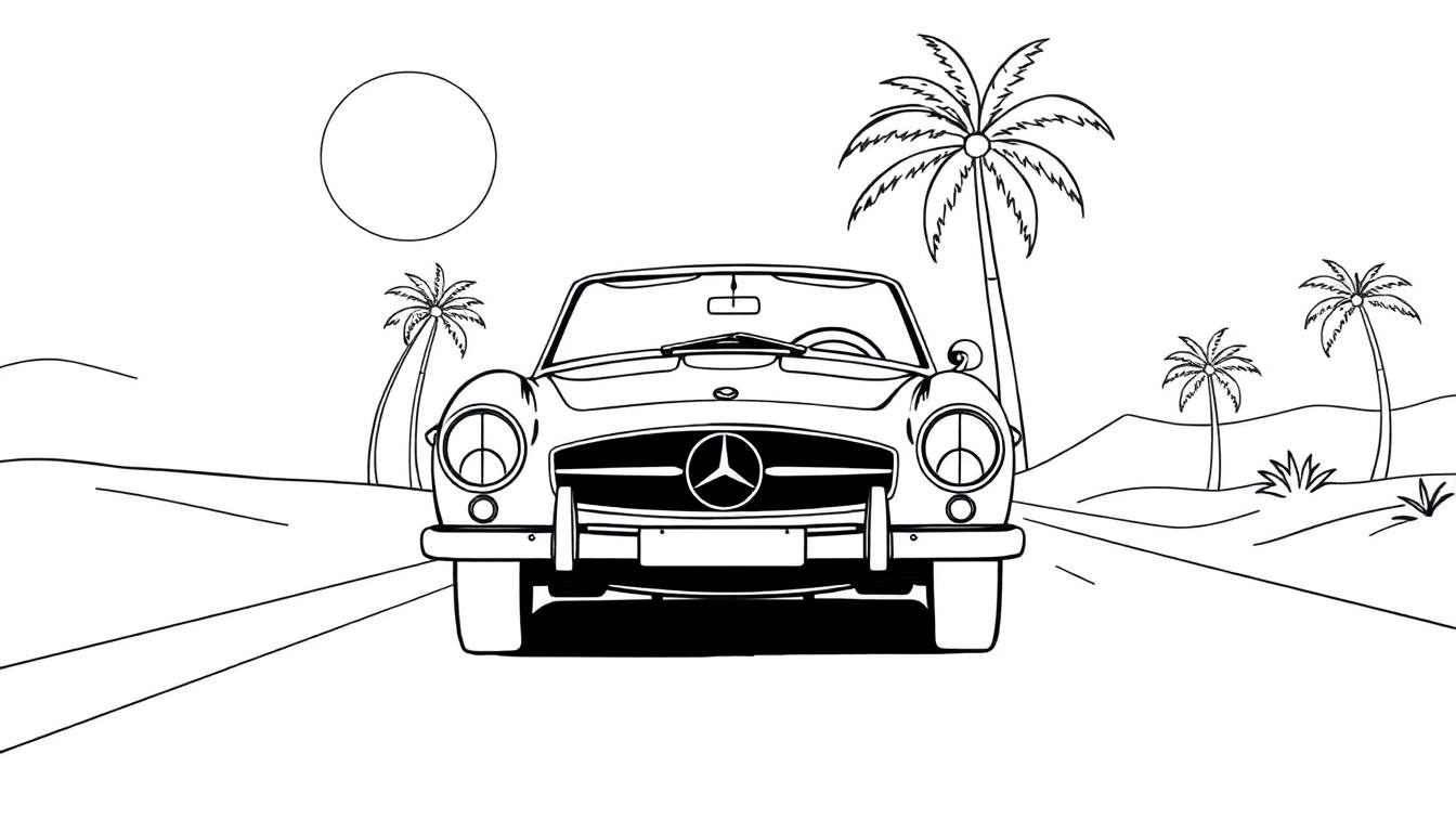Página para colorir de um carro clássico descapotável em silhueta contra um pôr do sol em paisagem árida com palmeiras e montanhas.