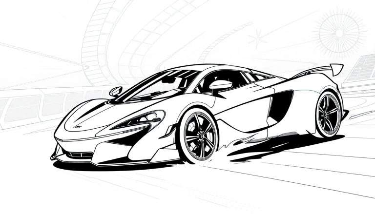 Desenho a preto e branco de um carro desportivo moderno a acelerar numa pista estilizada, com detalhes de movimento e fumo das rodas.