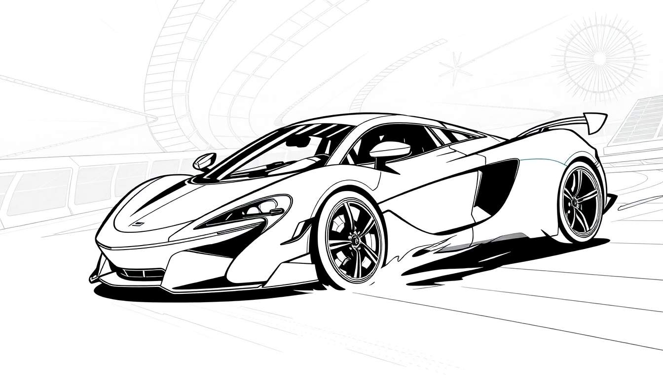Desenho a preto e branco de um carro desportivo moderno a acelerar numa pista estilizada, com detalhes de movimento e fumo das rodas.