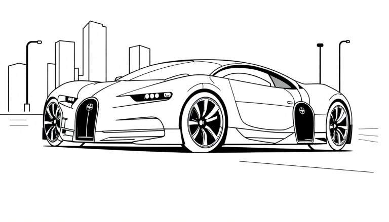 Página para colorir de um carro desportivo elegante em movimento numa cidade