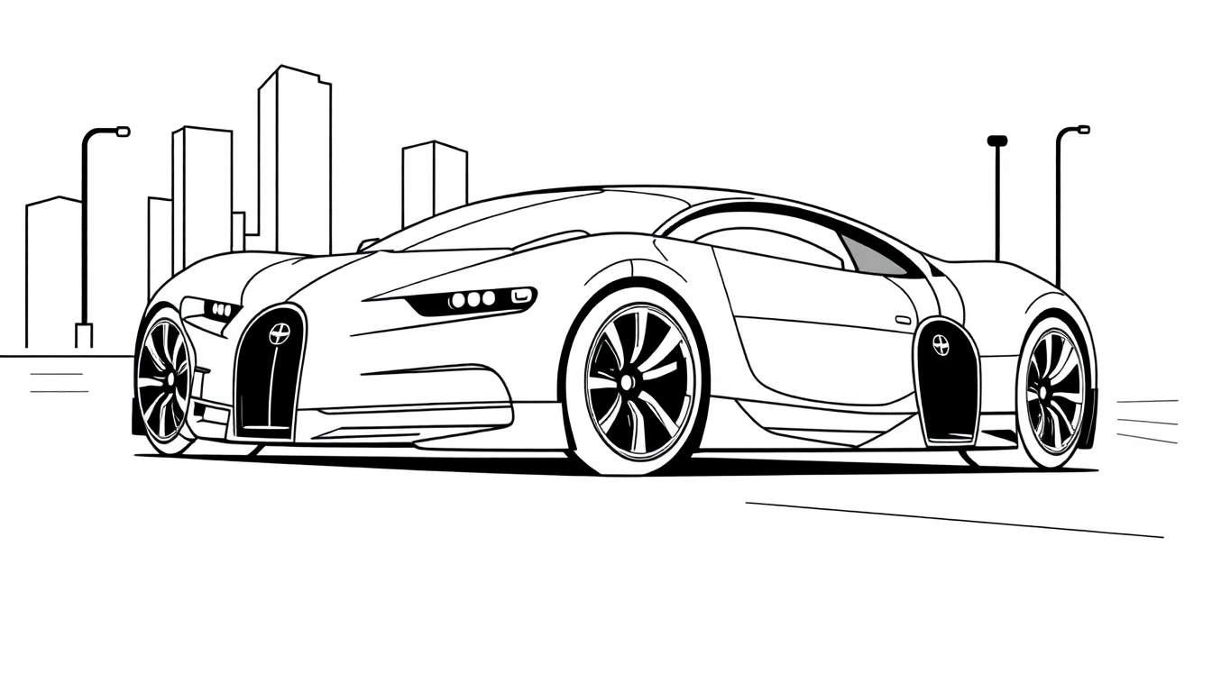 Página para colorir de um carro desportivo elegante em movimento numa cidade