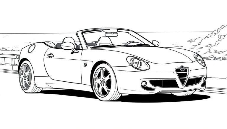 Desenho em preto e branco de um carro esportivo conversível de luxo com teto aberto, em uma estrada costeira com mar e rochas ao fundo.