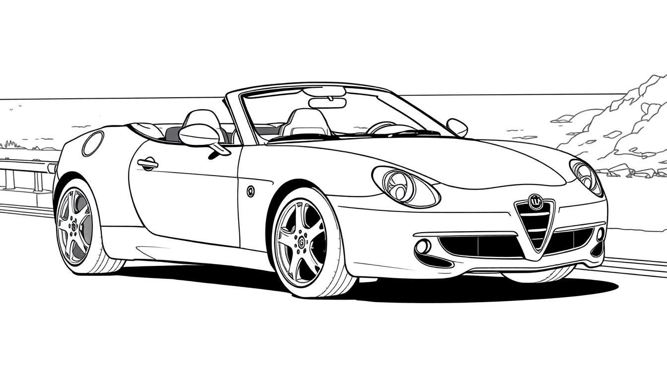 Desenho em preto e branco de um carro esportivo conversível de luxo com teto aberto, em uma estrada costeira com mar e rochas ao fundo.
