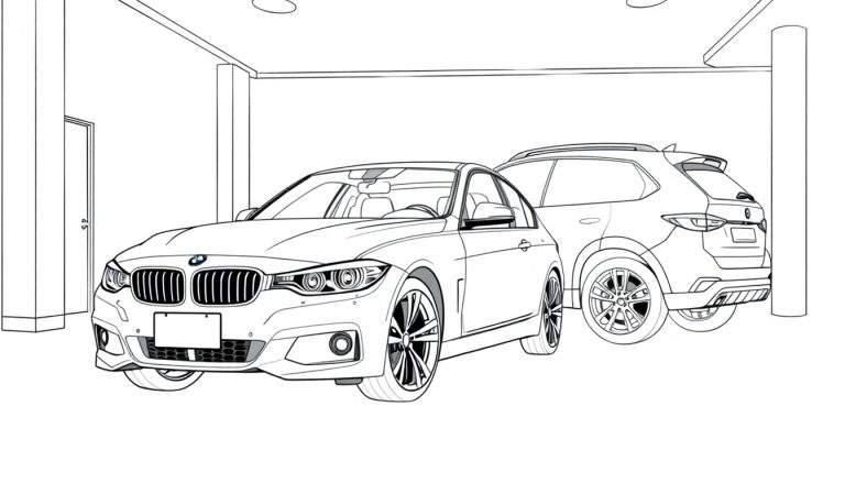 Desenho para colorir de dois carros BMW numa garagem, um sedã e um SUV, com detalhes de porta, colunas e luzes.