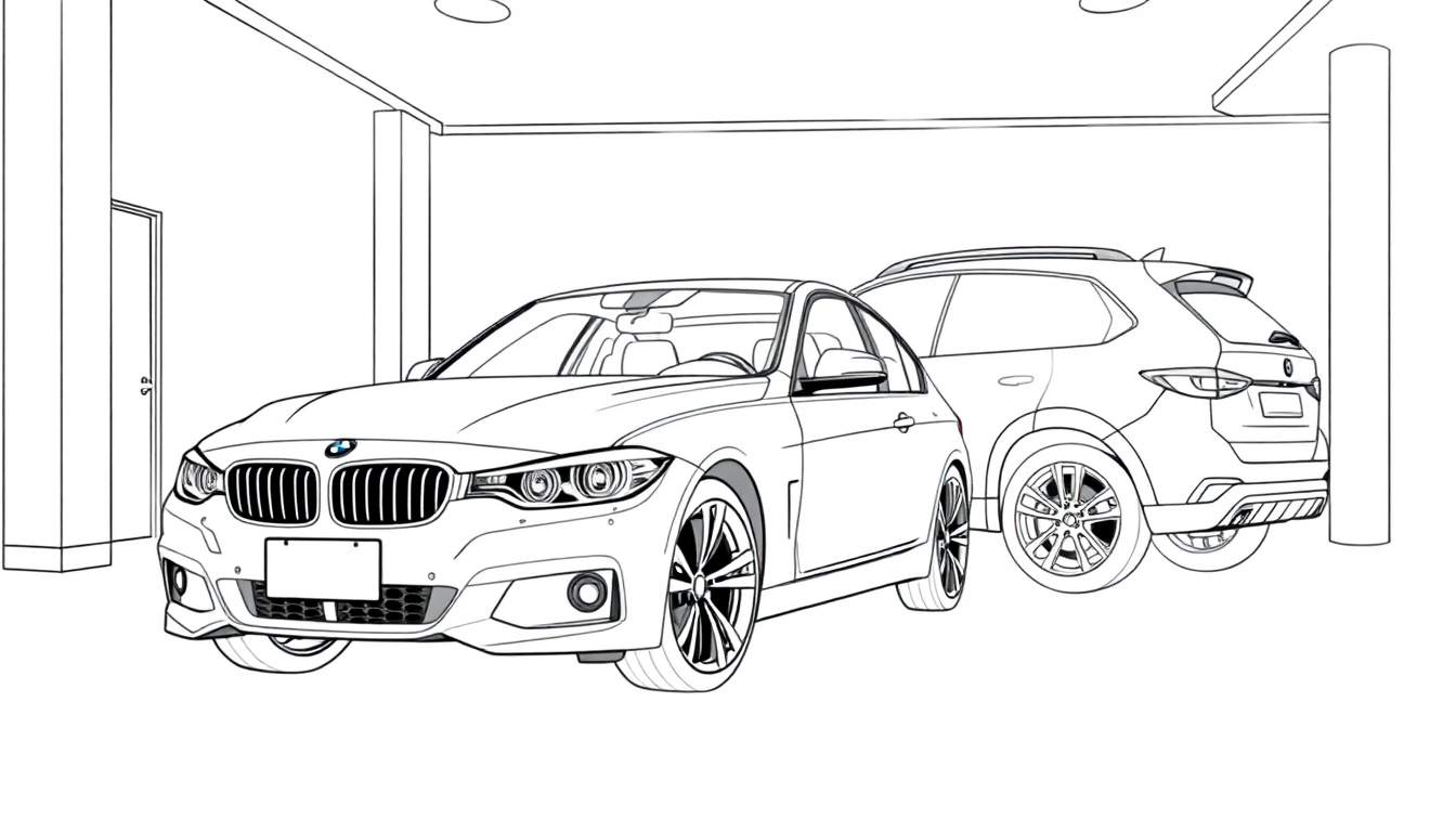 Desenho para colorir de dois carros BMW numa garagem, um sedã e um SUV, com detalhes de porta, colunas e luzes.