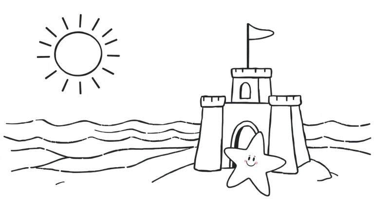 Desenho a preto e branco de uma página para colorir com um castelo de areia na praia, sol, estrela do mar e ondas.