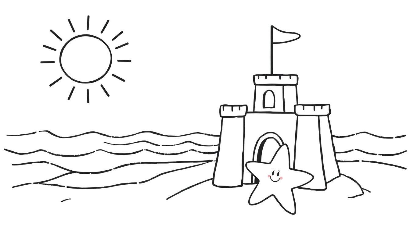 Desenho a preto e branco de uma página para colorir com um castelo de areia na praia, sol, estrela do mar e ondas.