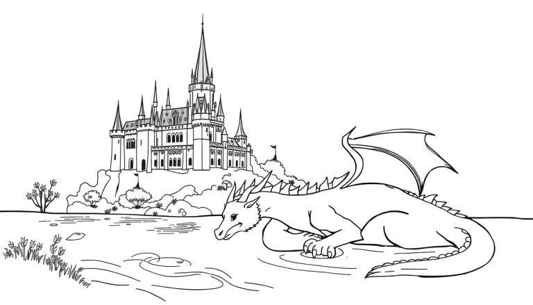 Desenho em preto e branco de um castelo medieval em uma colina, com um lago e um dragão espreitando ao lado.