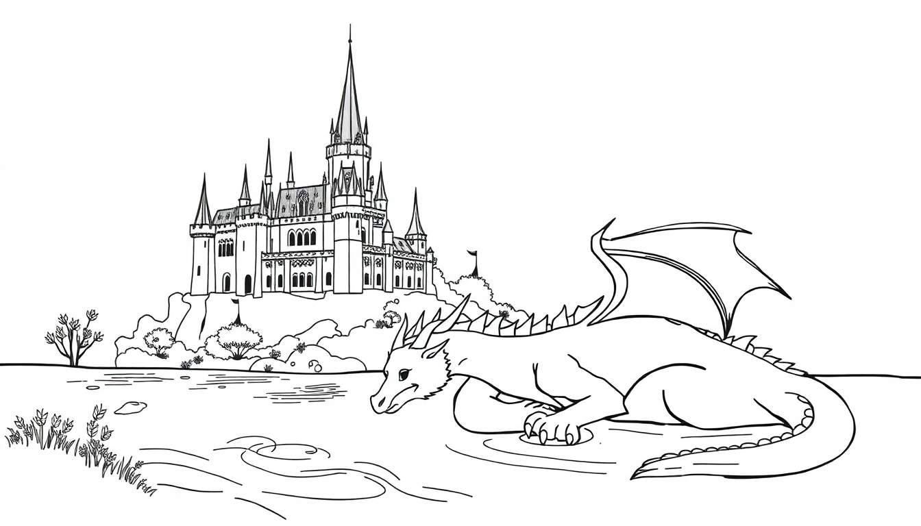 Desenho em preto e branco de um castelo medieval em uma colina, com um lago e um dragão espreitando ao lado.