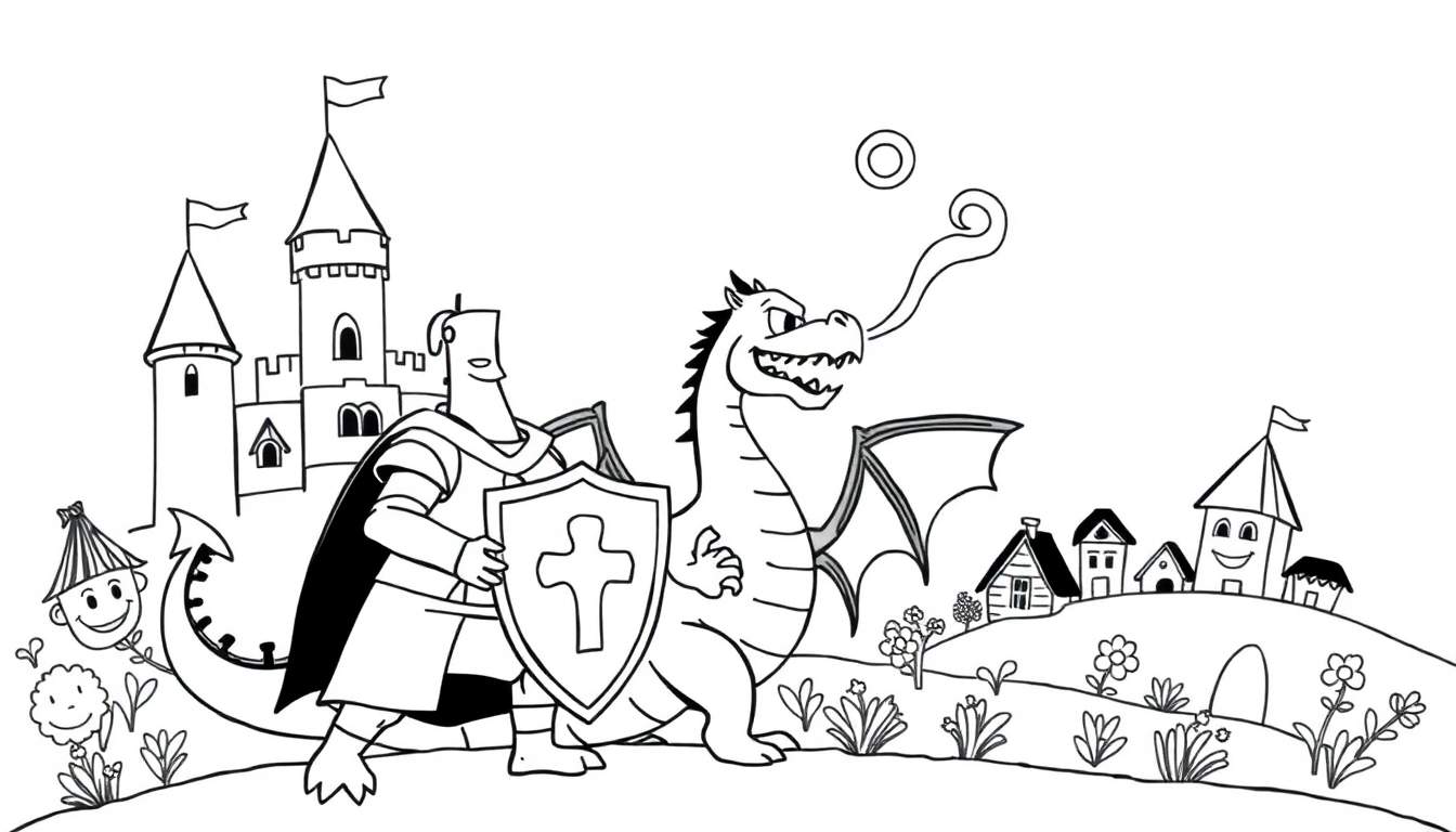 Página para colorir com desenho animado de um cavaleiro medieval com armadura, escudo de cruz e capa preta ao lado de um dragão com asas abertas soltando fumo, com castelos e casas em colinas ao fundo.