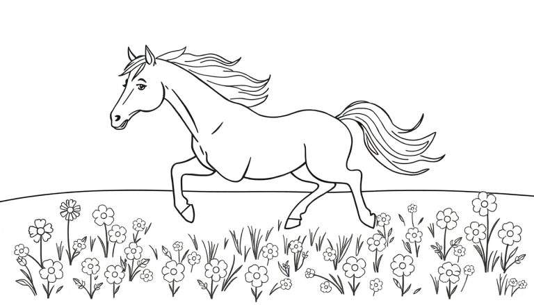 Desenho para colorir de um cavalo preto e branco a correr num campo de flores coloridas com crina e cauda esvoaçantes.