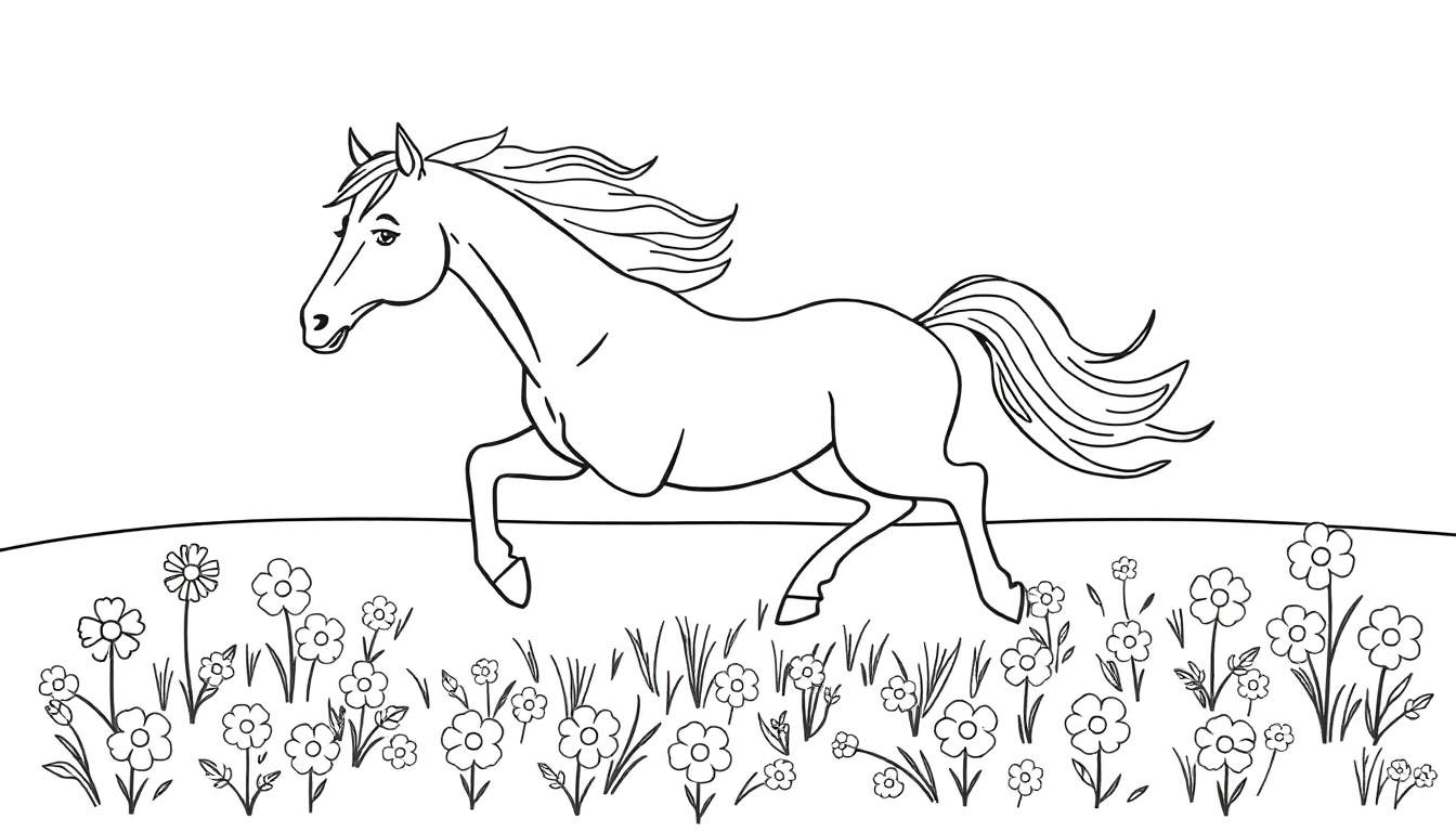 Desenho para colorir de um cavalo preto e branco a correr num campo de flores coloridas com crina e cauda esvoaçantes.