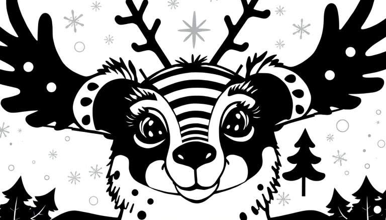Desenho em preto e branco de um cervo estilizado com chapéu de Natal, rodeado por flocos de neve e árvores, pronto para ser colorido.
