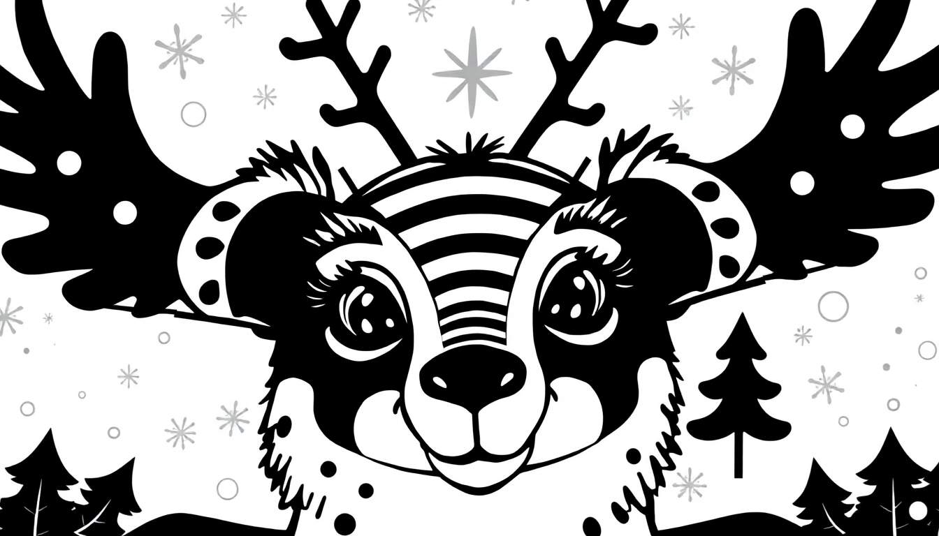 Desenho em preto e branco de um cervo estilizado com chapéu de Natal, rodeado por flocos de neve e árvores, pronto para ser colorido.
