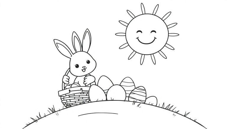 Desenho de Páscoa para colorir com um coelhinho, cesta de ovos, ovos na grama e um sol sorridente.