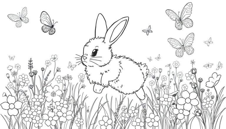Página para colorir de um coelho branco e preto num campo de flores com borboletas.