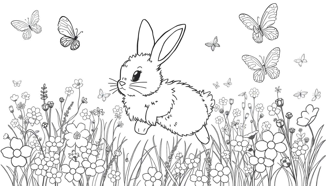 Página para colorir de um coelho branco e preto num campo de flores com borboletas.