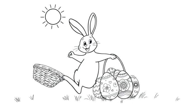 Desenho para colorir de um coelho da Páscoa a correr com uma cesta de ovos decorados num campo sob o sol.