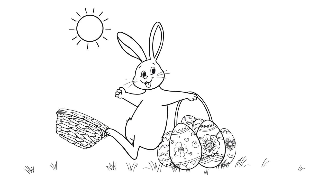 Desenho para colorir de um coelho da Páscoa a correr com uma cesta de ovos decorados num campo sob o sol.