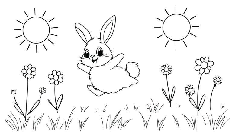 Desenho a preto e branco de um coelho feliz a saltar num prado com flores e sol, para colorir.