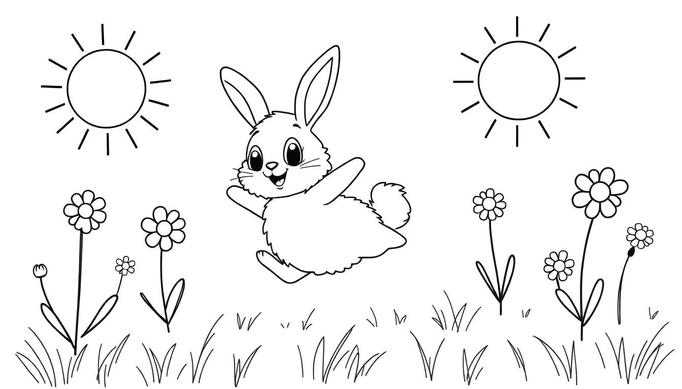 Desenho a preto e branco de um coelho feliz a saltar num prado com flores e sol, para colorir.