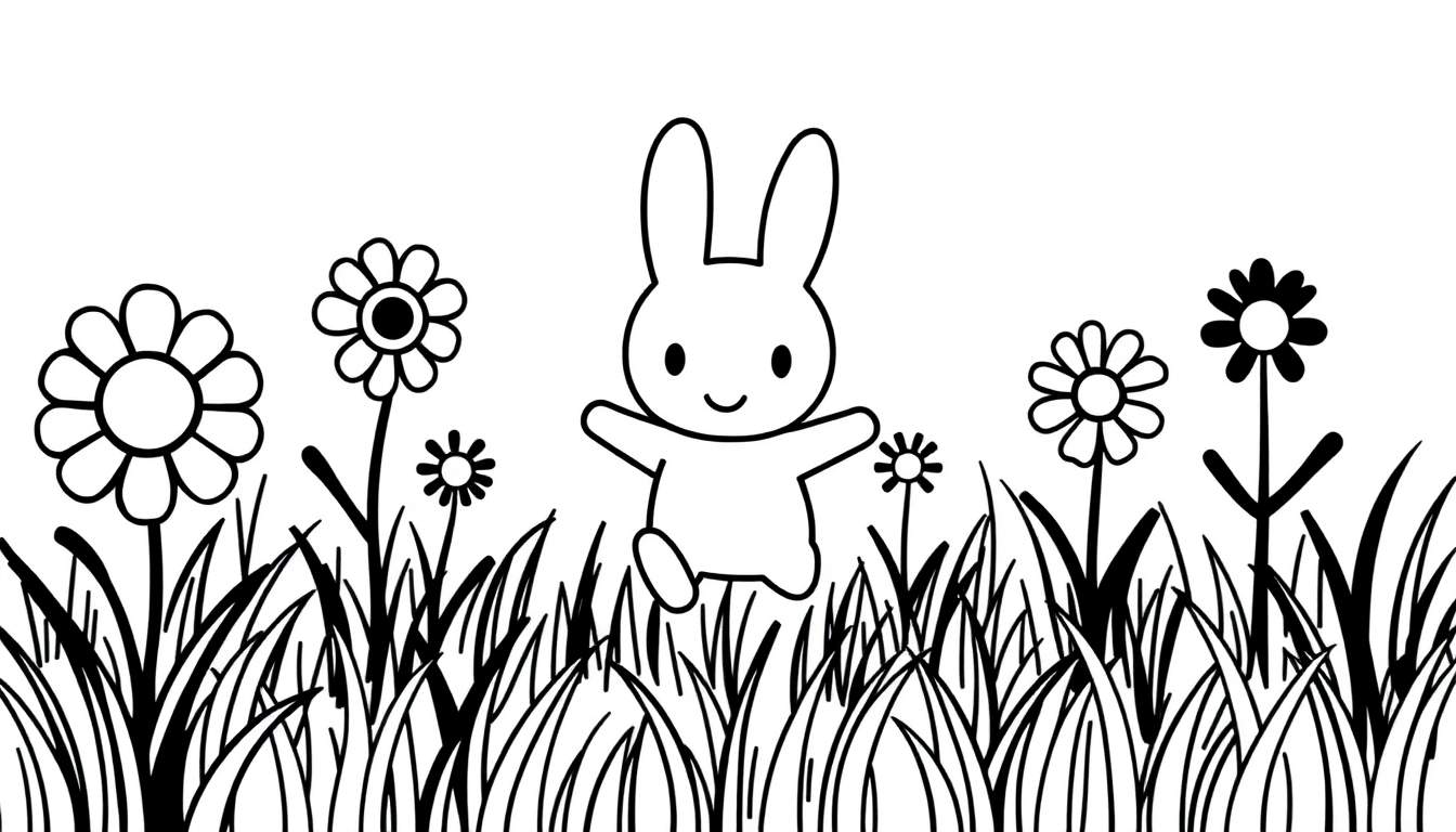 Página para colorir de um coelho branco saltitante numa relva verde com flores coloridas.