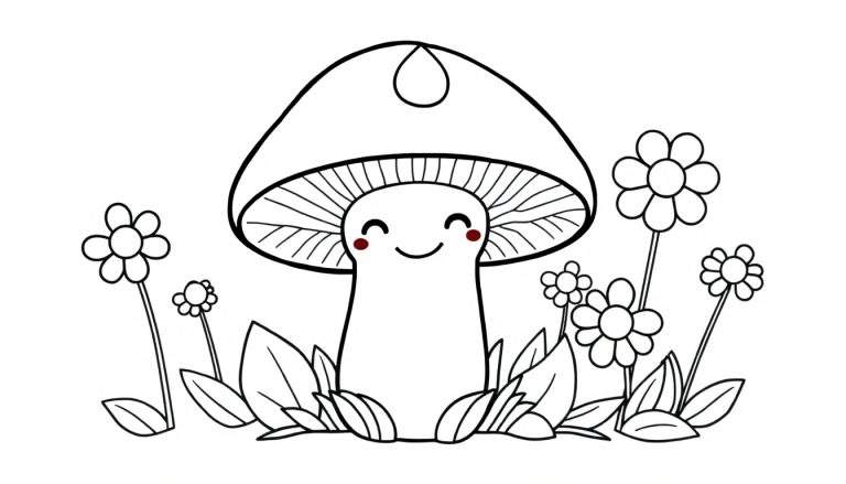Desenho para colorir de um cogumelo feliz com olhos fechados, bochechas rosadas e um sorriso, rodeado por folhas verdes e flores com pétalas redondas, em estilo fofo infantil.