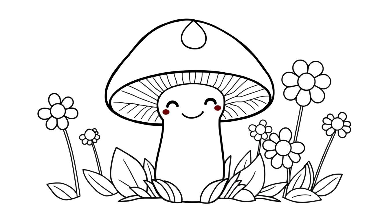 Desenho para colorir de um cogumelo feliz com olhos fechados, bochechas rosadas e um sorriso, rodeado por folhas verdes e flores com pétalas redondas, em estilo fofo infantil.