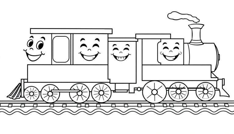 Página para colorir de um comboio caricatural com três carruagens sorridentes.