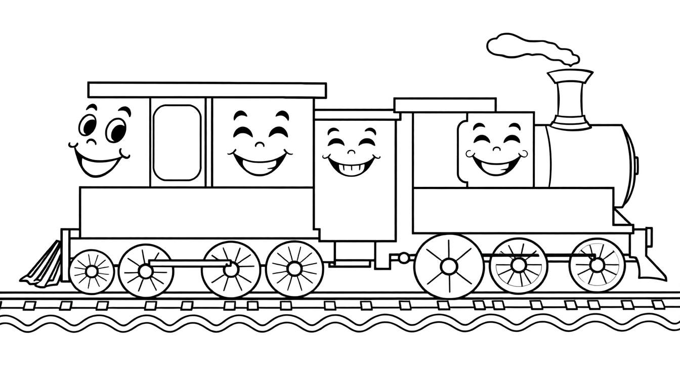 Página para colorir de um comboio caricatural com três carruagens sorridentes.
