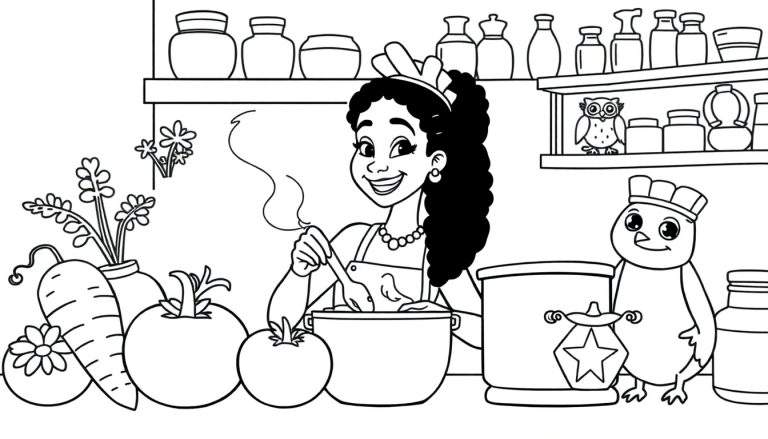 Página para colorir de uma mulher sorridente a cozinhar numa cozinha com um pássaro de chapéu de cozinheiro, vegetais frescos e prateleiras cheias de potes.