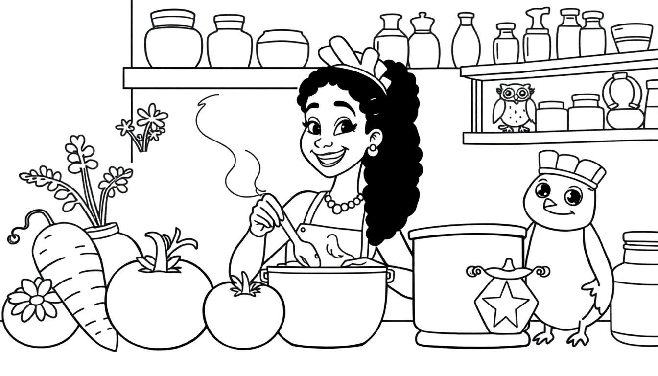 Página para colorir de uma mulher sorridente a cozinhar numa cozinha com um pássaro de chapéu de cozinheiro, vegetais frescos e prateleiras cheias de potes.