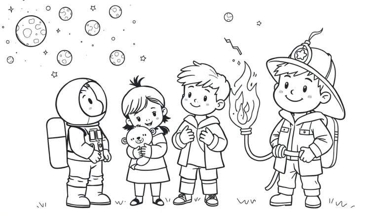 Desenho a preto e branco de quatro crianças para colorir: um astronauta, uma menina com um ursinho de peluche, um menino em casaco e calções e um bombeiro com mangueira e chamas. O fundo tem planetas e estrelas.