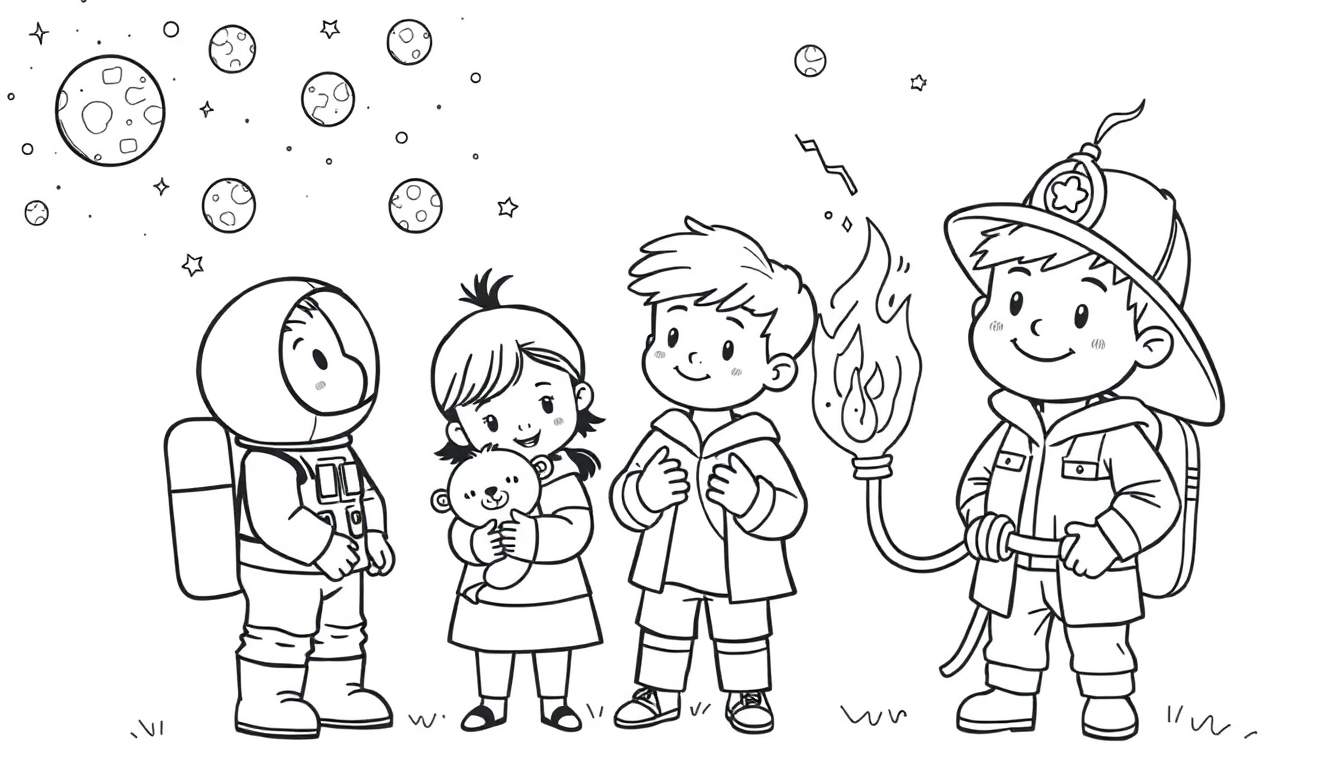 Desenho a preto e branco de quatro crianças para colorir: um astronauta, uma menina com um ursinho de peluche, um menino em casaco e calções e um bombeiro com mangueira e chamas. O fundo tem planetas e estrelas.