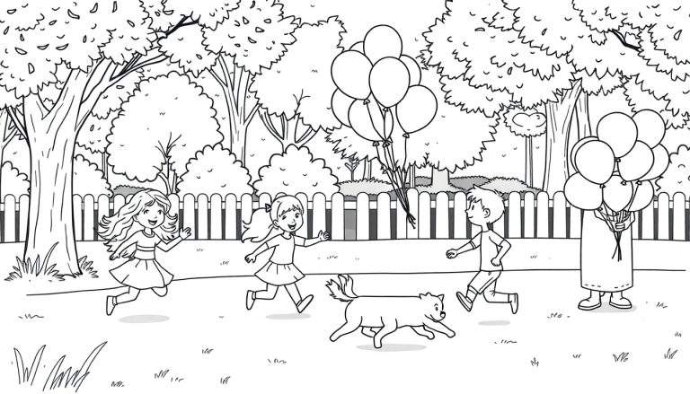 Página para colorir de um parque com árvores, cerca de madeira, quatro crianças e um cachorro correndo. Uma menina com vestido longo corre para a esquerda, outra com rabo de cavalo e saia corre para a direita, um menino de calções corre para a direita, e uma pessoa com vestido comprido segura balões. O cachorro corre em direção a uma das meninas.
