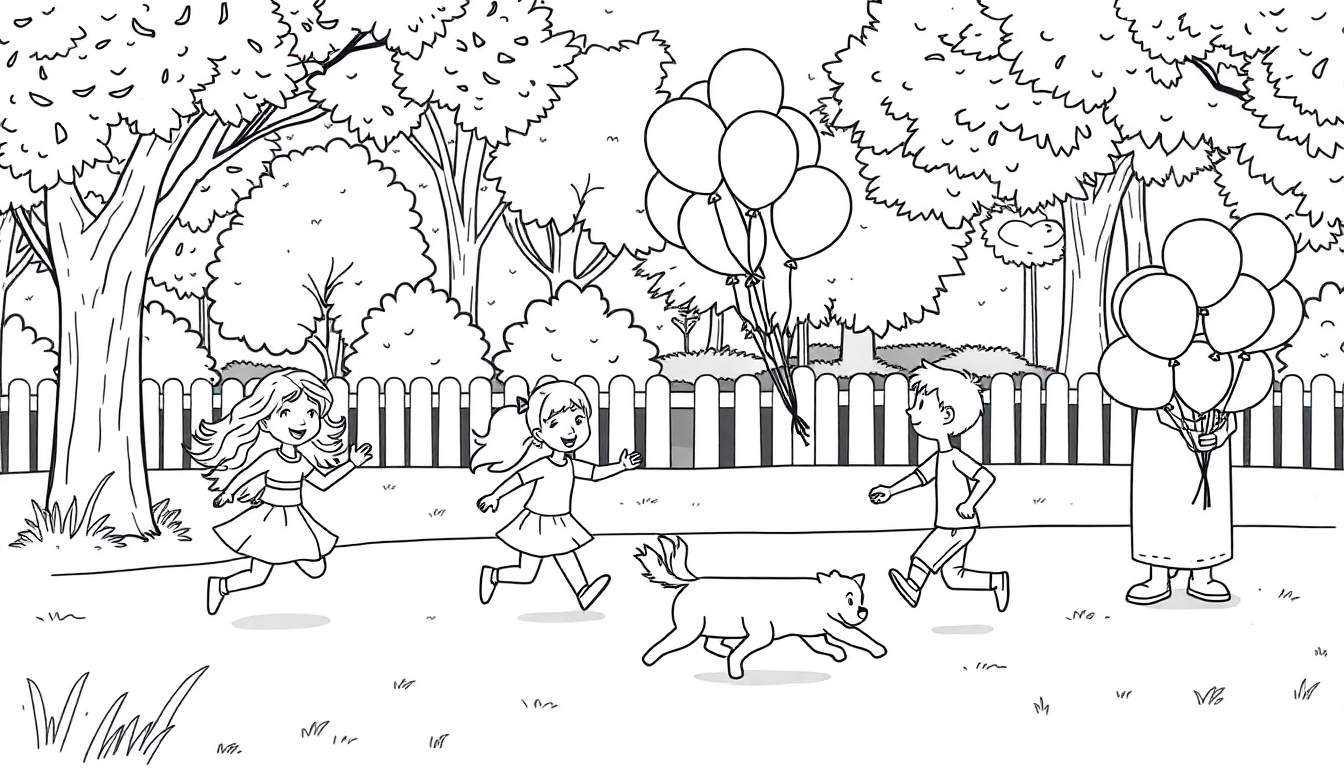 Página para colorir de um parque com árvores, cerca de madeira, quatro crianças e um cachorro correndo. Uma menina com vestido longo corre para a esquerda, outra com rabo de cavalo e saia corre para a direita, um menino de calções corre para a direita, e uma pessoa com vestido comprido segura balões. O cachorro corre em direção a uma das meninas.